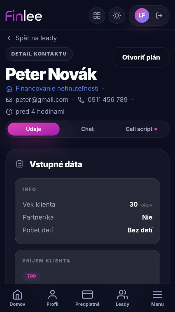 Finlee — Údaje leadu — celá finančná situácia z funnela