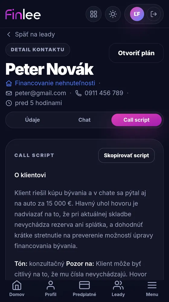 Finlee — Call script — pripravený hovor na jeden klik
