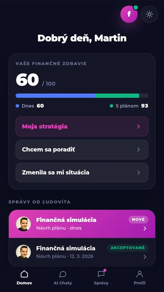 Finlee — Klientske konto — domovská obrazovka klienta
