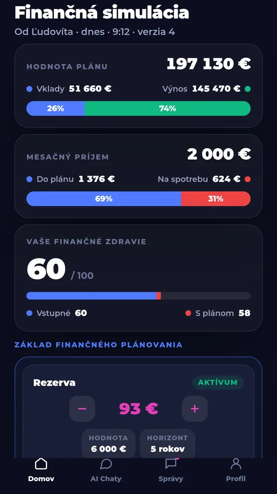 Finlee — Klientske konto — finančná simulácia a skóre